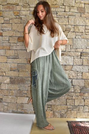Lindin Linen Blend Crochet Flower Barrel Pant Washed Khaki